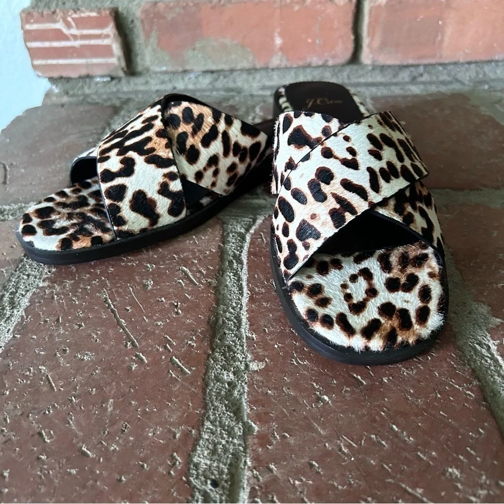 J. Crew Wide Cross Trap Ingrid Sandal Leopard Calf Hair Sz 7